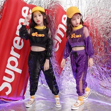 Костюмы для девочек, расшитые блестками, для бальных танцев, джаза, хип-хоп, соревнований, рубашка, топы, популярные штаны, детская одежда, Одежда для танцев, наряды