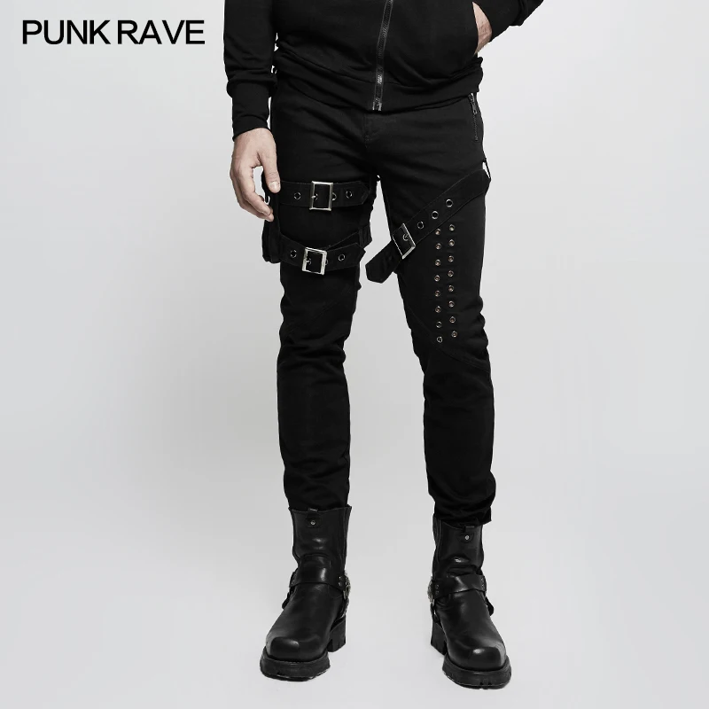

Punk Rave Men's Personality Vintage Pants Heavy Metal with Pocket Street Rock Black Pencil Pants Hip Hop Pants Streetwear Pants