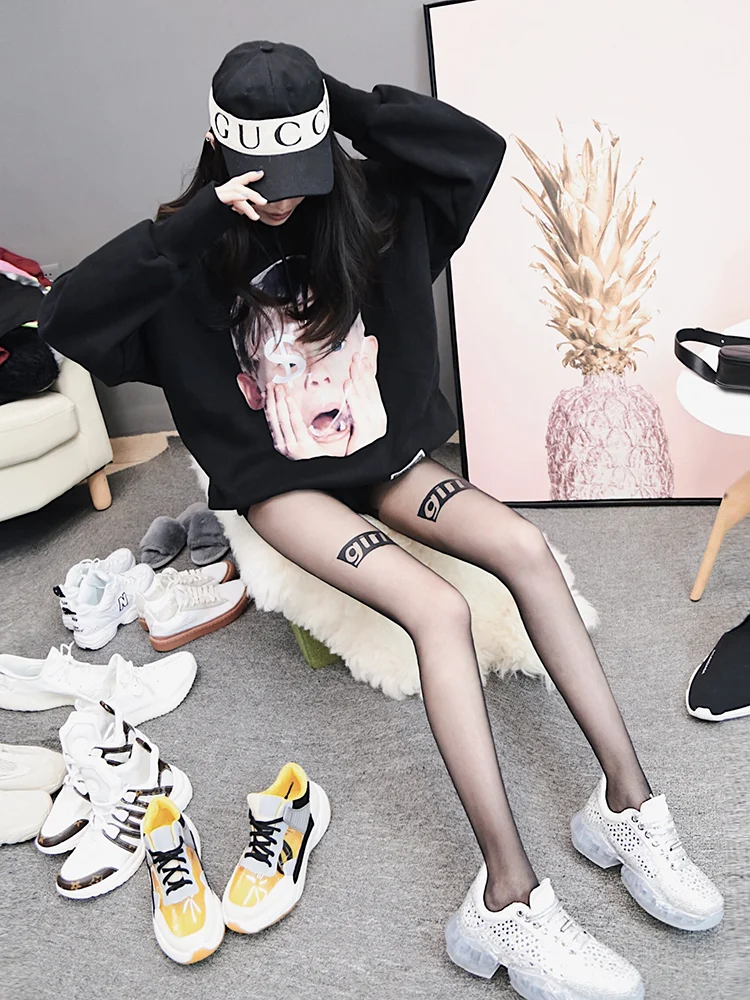 

English letter stockings female personality pantyhose tattoo socks printed anti-hook silk stitching base socks