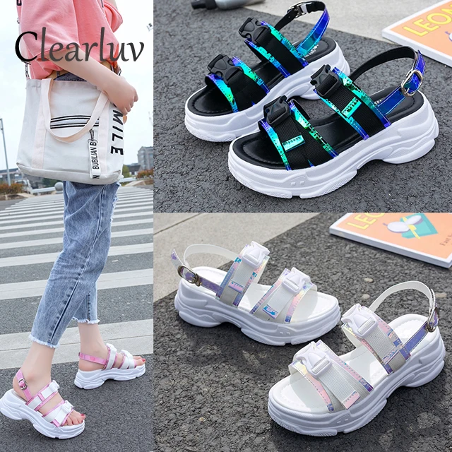 

2019 brand new platform shoes female color matching students reflective sponge bottom sandals non-slip wild beach fighting shoes