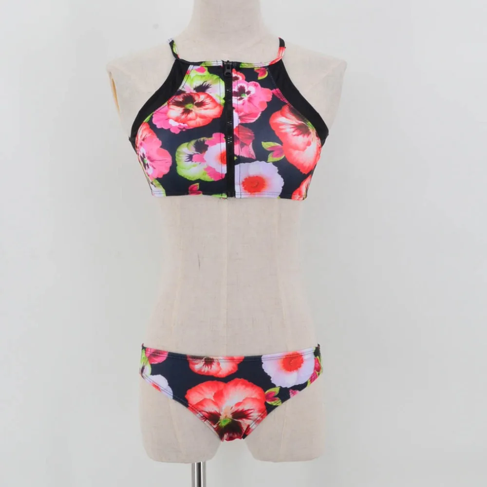 Women Bikinis Set Front Zipper Swimwear Floral Printed High Neck Swimsuit Crop Top Patchwork