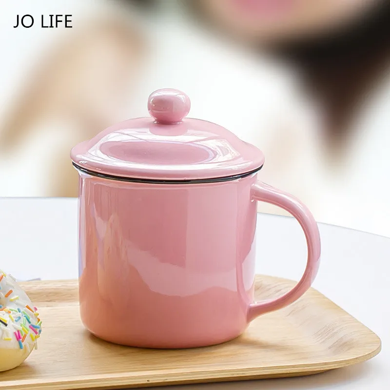

JO LIFE Enamel Ceramic Coffee Beer Mug Cup Travel Tea Mugs Vintage Lid Office Milk Cup With Hand Grid