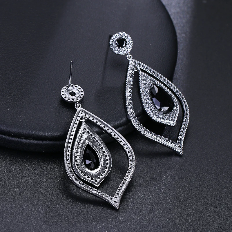 EMMAYA Shiny Leaf Shaped Dangling Big CZ Bridal Silver Black Crystal Long Drop Earrings For Women Wedding Fashion Jewelry Gift