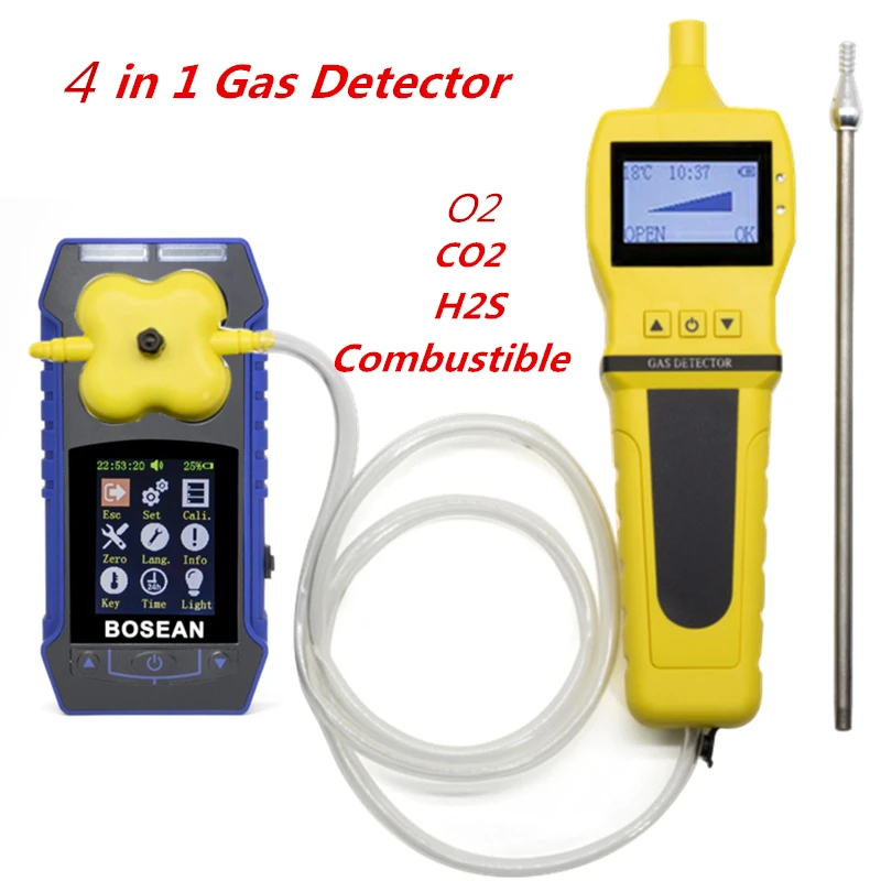 

4 in 1 O2 H2S CO2 Combustible Gas Detector with Gas Sample Pump Oxygen Gas Analyzer Carbon Dioxide Monitor