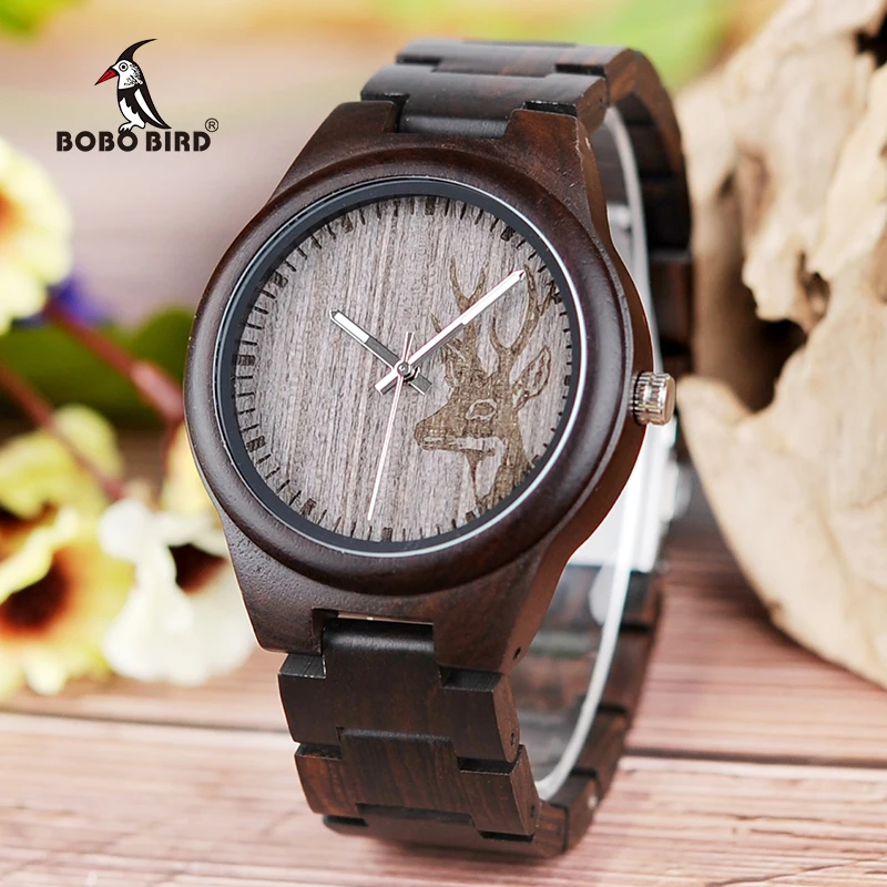 BOBO BIRD Mens Black Ebony Wooden Watch Deer Head Dial Top Brand Luxury Quartz Wrist Watch for Men in Gift Box