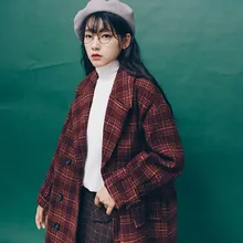 Модное клетчатое длинное пальто для женщин, свободное офисное Женское шерстяное пальто и пиджак, двубортное Женское пальто