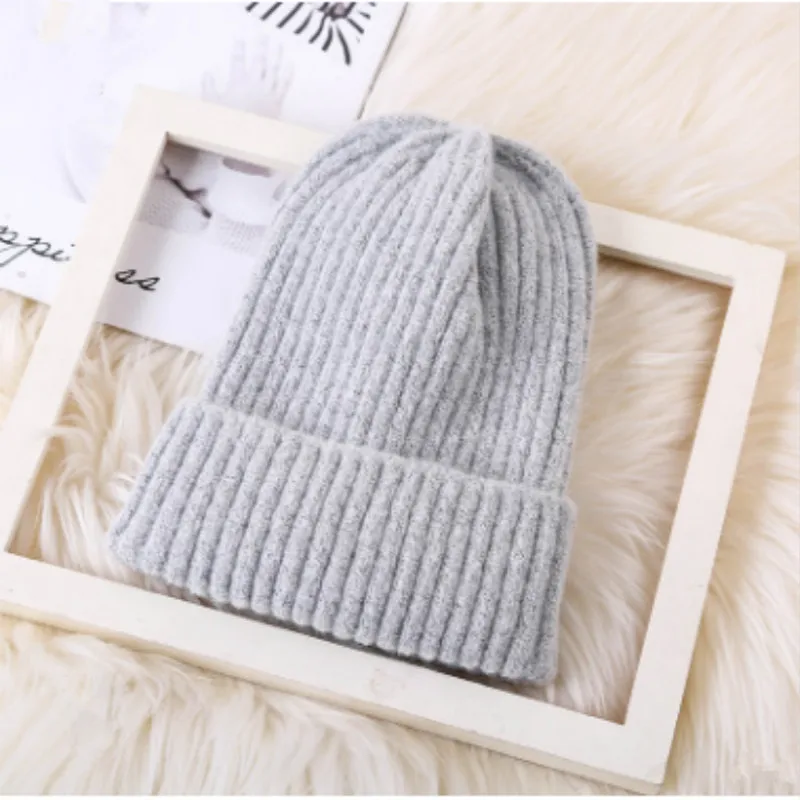 Модная шерстяная шапка Skullies Beanie для женщин и девочек, однотонная теплая шерстяная трикотажная шапка, ветрозащитная женская зимняя шапка - Цвет: Серый