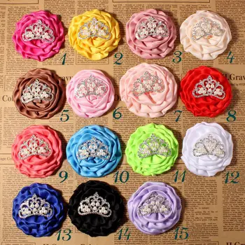 

girl hair flowers Matte Satin Rolled Flower pearl rhinestone center Rose Flower for headband 8cm 20pcs/lot 15color kids flower