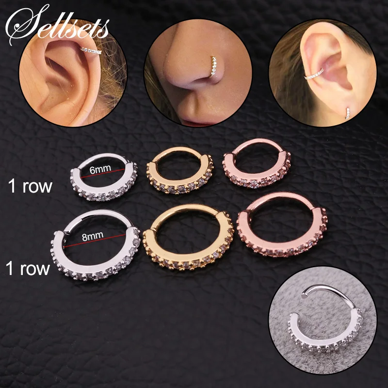 Сережки для ушной хрящ Sellsets с фианитами 1 ряд и 2 ряда Серебряно золотой обруч
