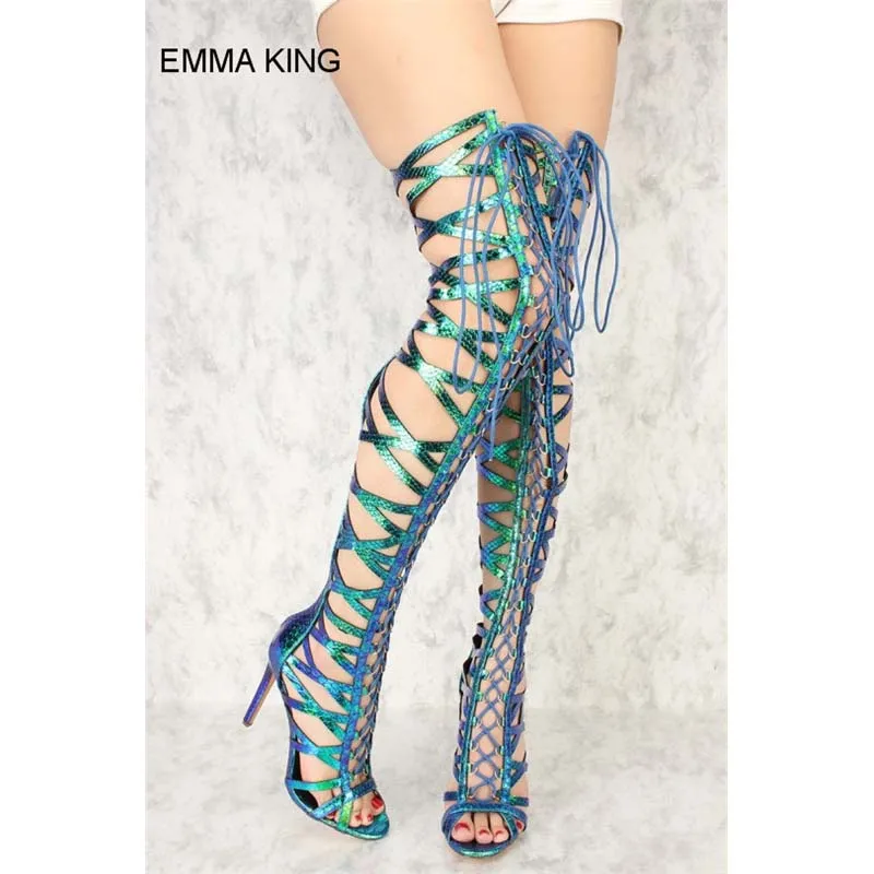 

EMMA KING Cross Tied Over The Knee Women Summer Boots Thin High Heels Peep Toe Sandals Back Zipper Hollow Out Party Shoes 2018