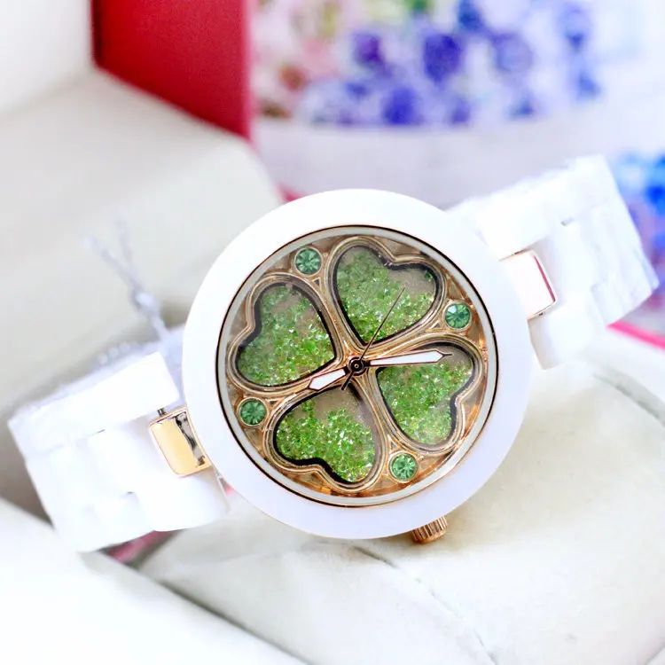 

Pretty Crystals Four-leaf Clover Watches Romantic Hearts Floral Dress Watches for Women Fashion Korean Ceramic Clock Reloj NW79