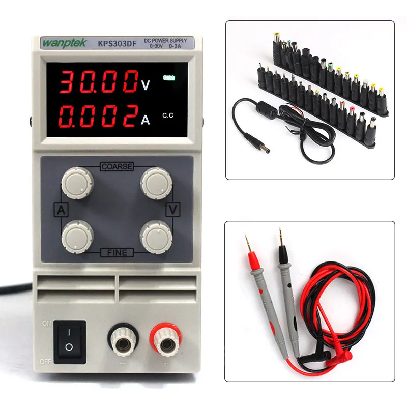 

with probe pen 28PCS terminal Wanptek KPS303DF 30V 3A 110V-220V 0.1V/0.001A 4 display Digital Adjustable Switch DC Power Supply