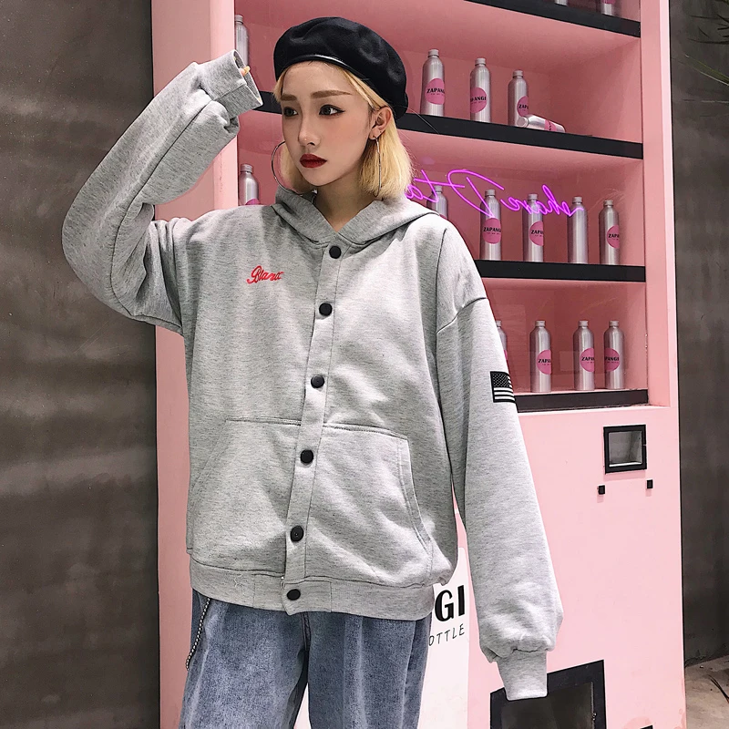 Женская куртка с капюшоном Cheersolo Harajuku Черная карманами и пуговицами на осень