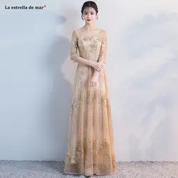 Vestido de madrinha de casamento longo новый кружева блестки Половина рукава линия Золотой bridsmaid платья красивые