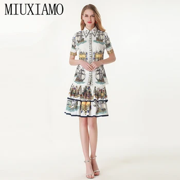 

MIUXIMAO Europe Fashion 2019 Spring Ruffles jumpsuit Newest Casual Diamons Cactus Character Above Knee Two-Piece Dress Women