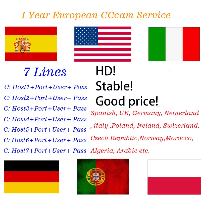 Solovox Европа 7 линий CCcam HD 1 год для спутникового приемника Испания Германия Италия Чешский арабский Польша США стабильный 7 Cline сервер
