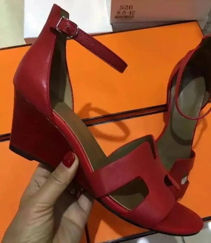 

Brand New summer women's sandals one word buckle geniune cow leather open toe slope heel shoes high heel casual women's shoes