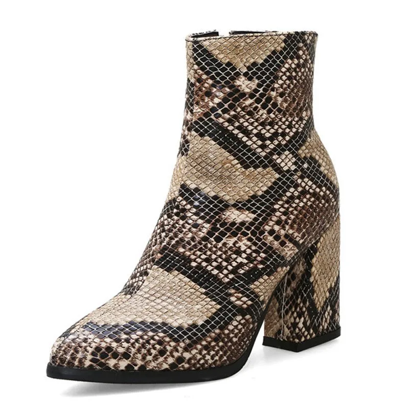 Snake Ankle Boots Women Autumn Winter Lady High Heels A275 Fashion Woman Gold Silver Brown Red Buckle Zipper Pointed Toe Shoes - Цвет: Brown