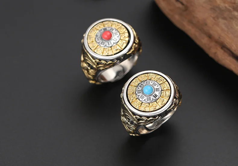 Регулируемые кольца Настоящее серебро 925 пробы, ювелирные изделия Для мужчин Для женщин Будды мозаика Бирюзовый сплетен зодиака Поворотный кольцо R01