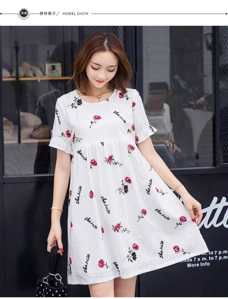 Cotton Pregnant Women Breastfeeding Clothes Summer Embroidery Nursing Dress High Waist Short Sleeve White Maternity Dresses (9)
