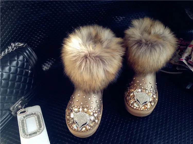 

Diamond botas de nieve perla de la moda genuinosCopy Fox fur botas de cuero 2014 botas rhinestone impermeable