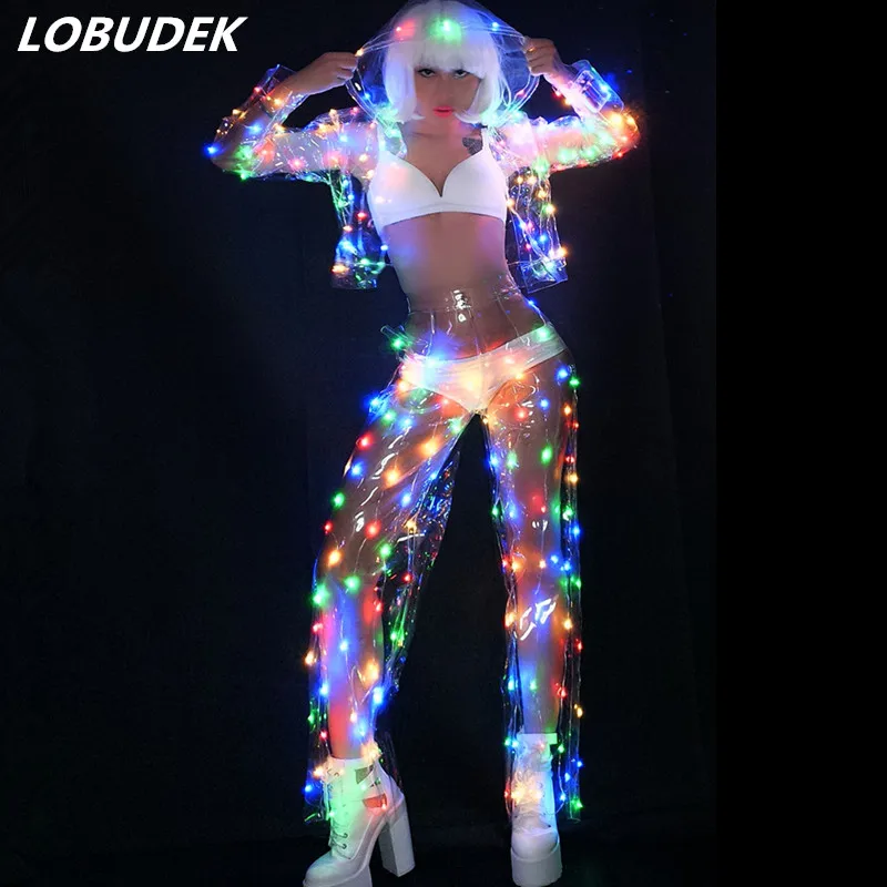 

Female Color LED lights Performance clothes Music Festival Singer Dance Team DJ Disco dancing Costume Sexy LED Perspective Suit