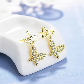 

Bow Female Design Temperament Exquisite 925 Sterling Silver Jewelry Personality Golden Butterfly crystal Stud Earrings SE719