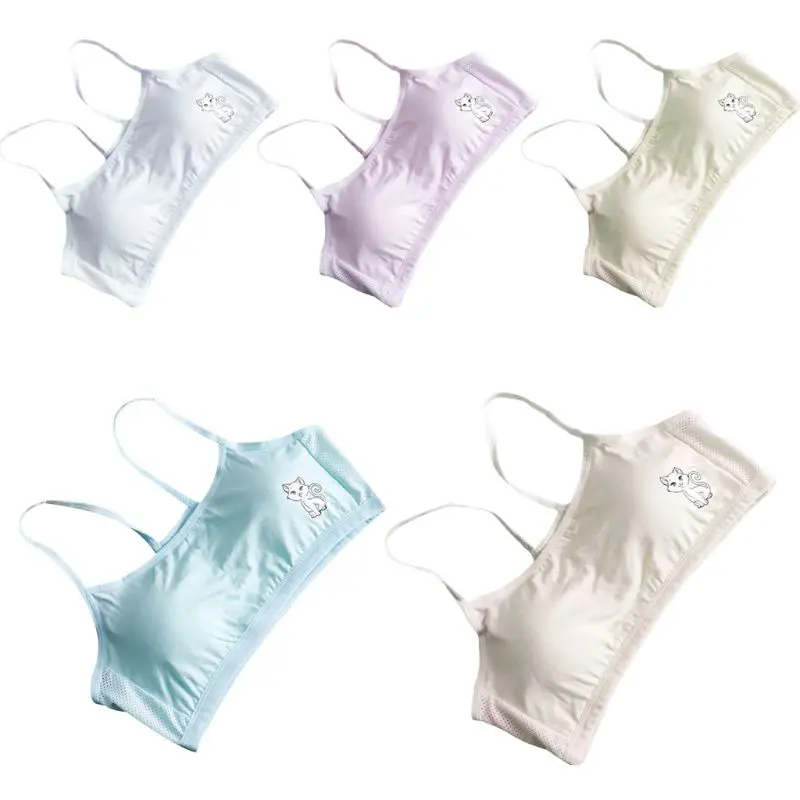 

Puberty Girls Spaghetti Straps Sport Training Bra Breathable Mesh Back Underwear Candy Color Cute Cartoon Cat Bralette Crop Top