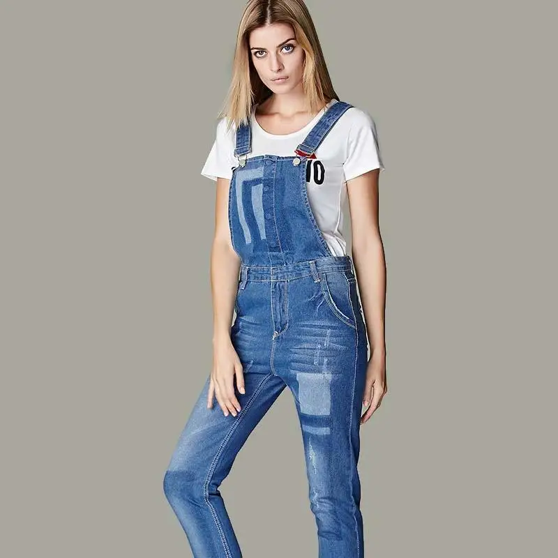 The European and American fashion leisure overalls women's torn washed