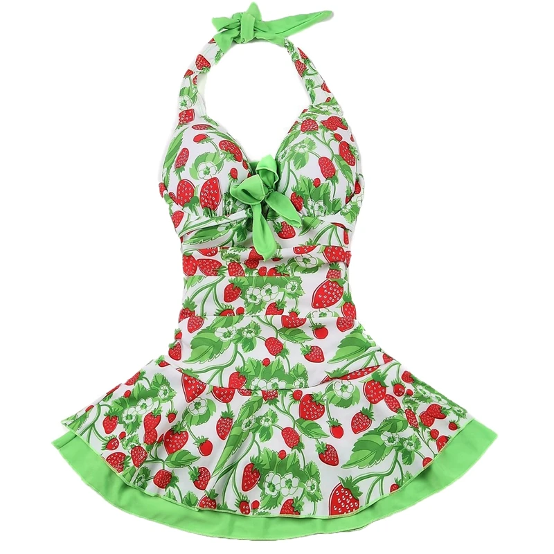 

Women Halter Sexy Strawberry Print Bow One Piece Dress Swimsuits Ladies Cute Bathing Suits Swimwear green-XL