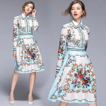 

England Style New Vintage Fashion Print Knee-Length Slim Fit Turn-down Collar Dress Streetwear Luxury Women Dress