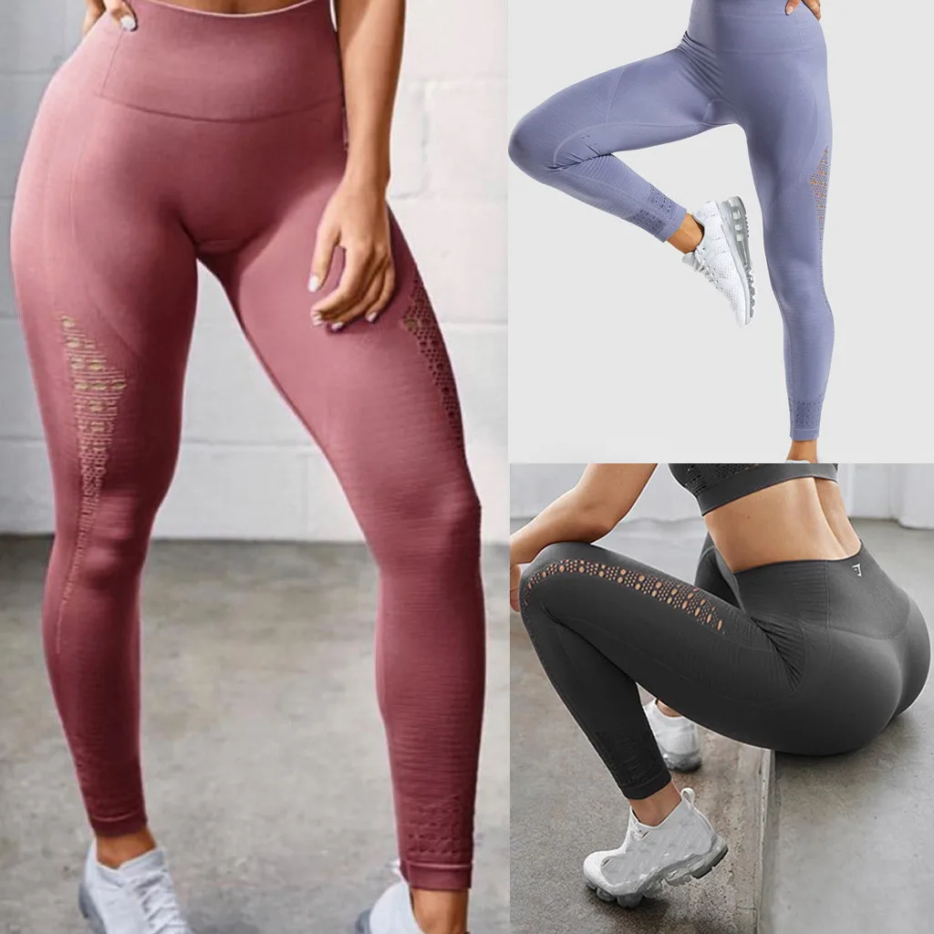 Женские Штаны Для Йоги, высокая талия, спортивная одежда для тренировок, спортивные брюки, женские леггинсы, пуш-ап, с дырочками, одноцветные штаны до щиколотки# G30