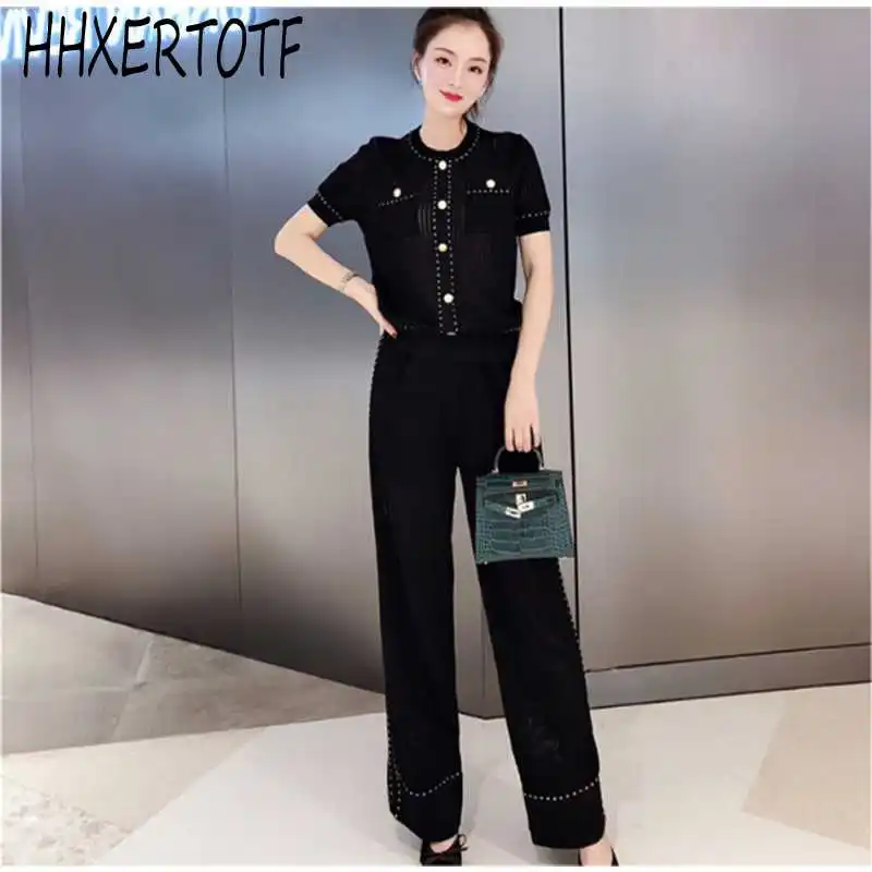 

2019 New Summer Women 2 piece Sets Short Sleeve Knitted Shirt and Wide Legs Long Knitting Pants Sets Pullover Top Pants Set