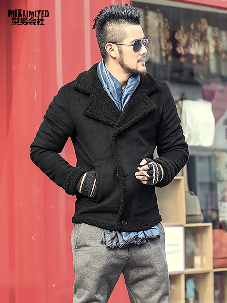 Men's short double breasted casual thick Wool lining outwear Winter ...