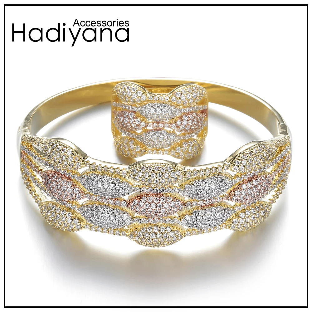 HADIYANA 2017 браслет и кольцо 2 шт. ювелирный набор AAA кубический цирконий 3 тонов многоцветный Дубай роскошный дизайн Свадебная вечеринка SZ398 HADIYANA 2017 браслет и кольцо 2 шт. ювелирный набор AAA кубический цирконий 3 тонов многоцветный Дубай роскошный дизайн Свадебная вечеринка SZ398