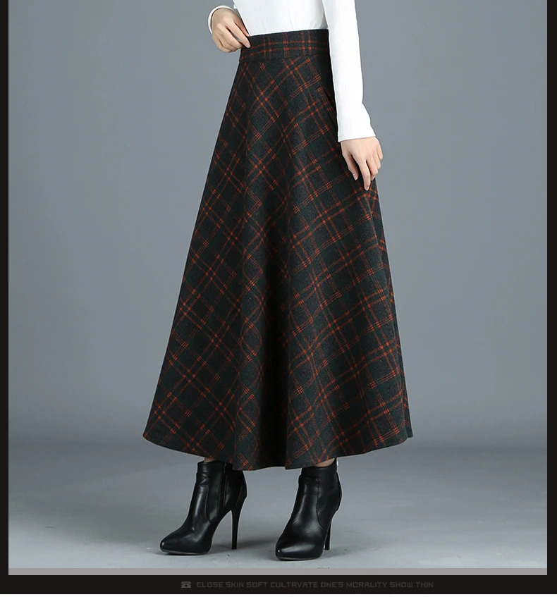 S-4XL New Women's Wool Blends Skirts Winter Autumn Fashion Elegant Printed Plaid Thicken Slim Medium Length Skirt Female