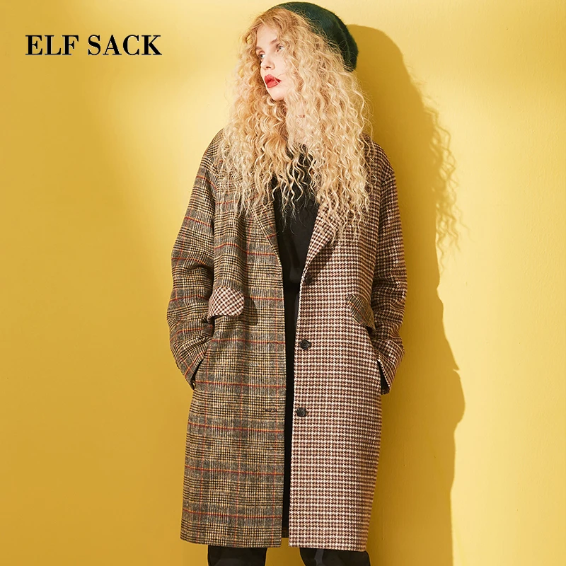 ELF SACK Winter New Woman Wool Coat Plaid Full Turn-down Collar Female Wide-waisted Jackets Casual Vintage Femme Wool Jacket