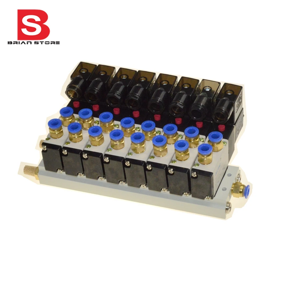 

new 24vdc 8x4V210-08 AC Quadruple Solenoid Valve Mufflers 8mm Quick Fittings 8 way Base Set