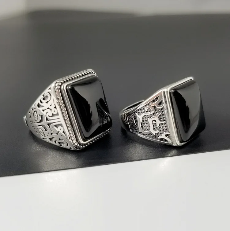 Black Onyx Ring in Sterling Silver 925 charm men Ring Real Men's Ring Natural Stone Retro Cool Fashion Silver charm ring