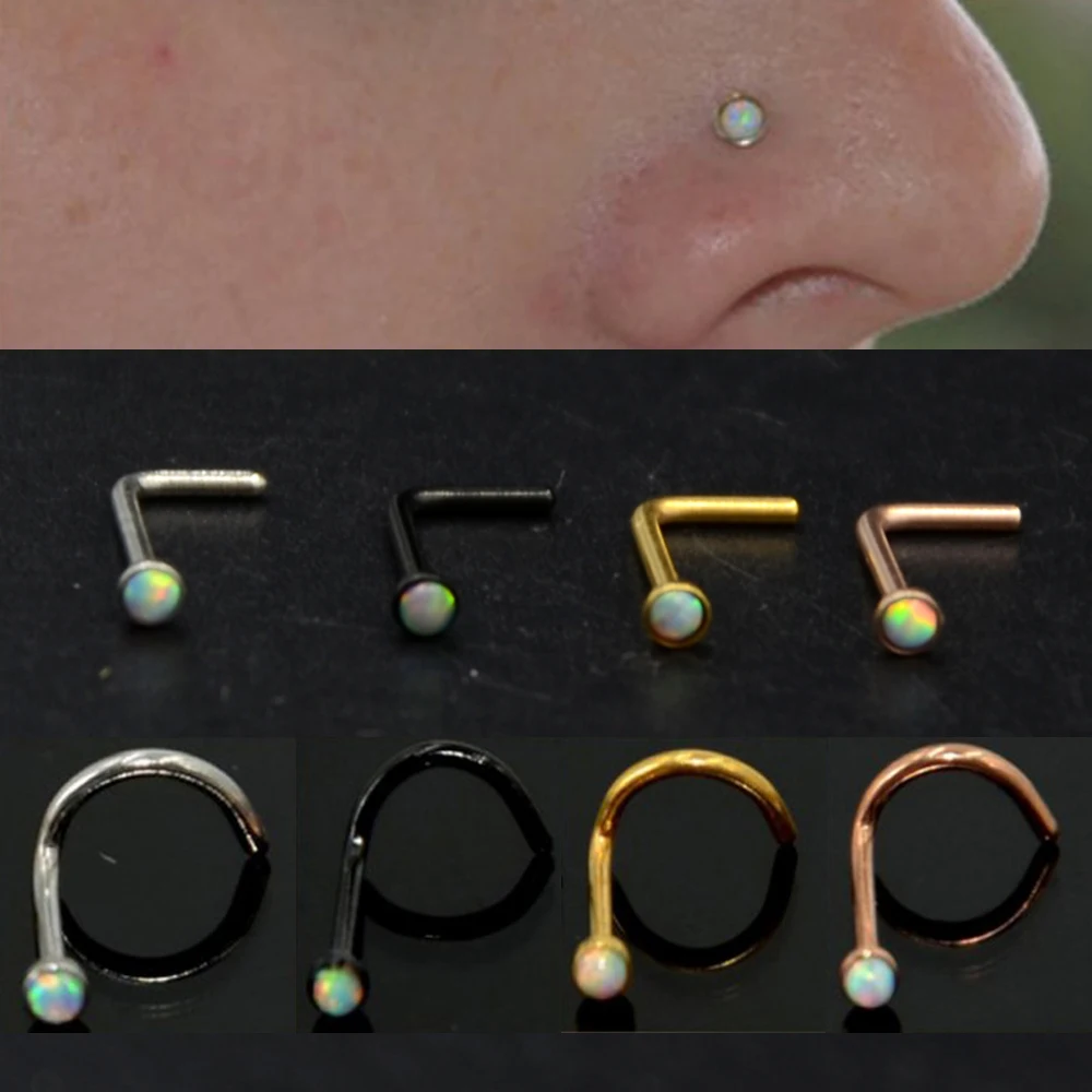4Pcs Surgical Steel Mixed Color Opal Gem L Shape Nose Screw Rings