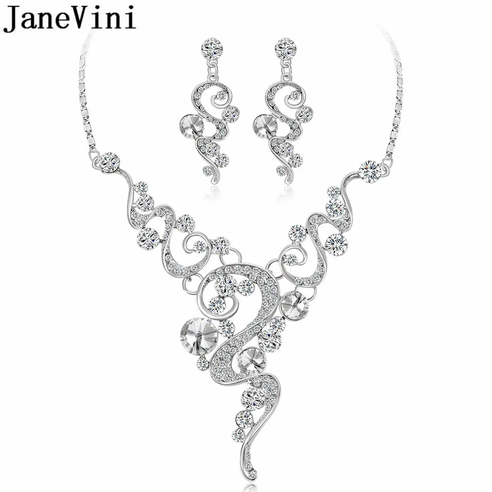 

JaneVini Fashion Women Necklace Set Luxury Rhinestone Engagement Bridal Necklaces Beaded Party Jewelry Accessories 2019