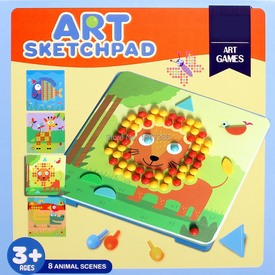 Art sketchpad with 8 Animal Scenes Nails Jigsaw Puzzles Creative Mosaic Pegboard Art Game Play set Educaltional Toy for Children bathroom mosaic thickened waterproof curtain made of polyester fabric with dry and wet separation metal buckle hole send hooks