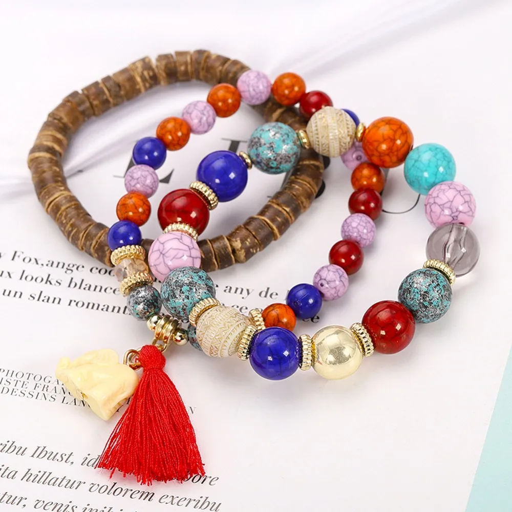 

Best lady Bohemian Women Girls Handmade Beaded Charm Bracelets Bangle for Wedding 3 Pcs/Set Multi Color Ethnic Bracelets Gifts