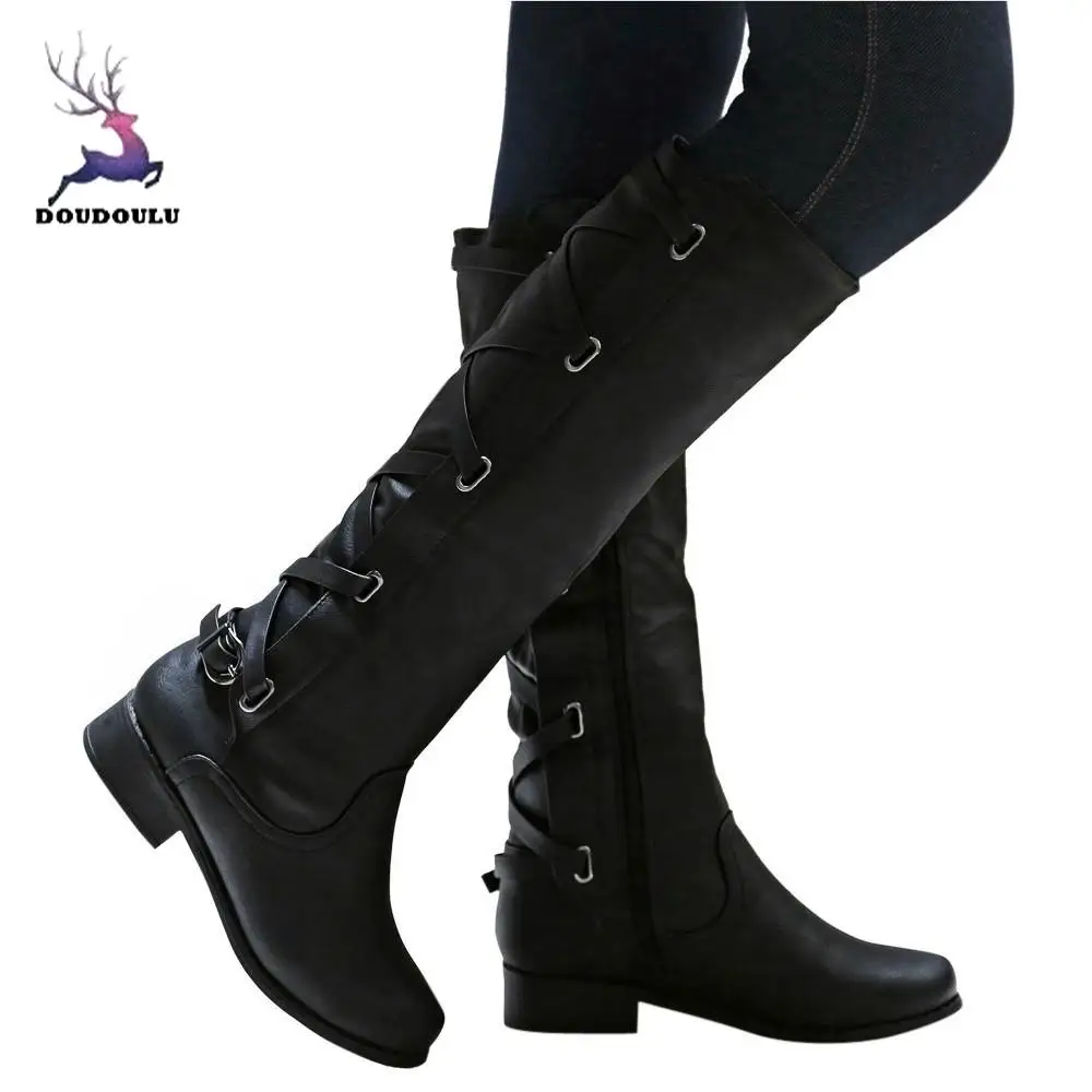 Womans Boots Ladies Shoes Woman Buckle Roman Riding Knee High Cowboy Boots Martin Long Boots