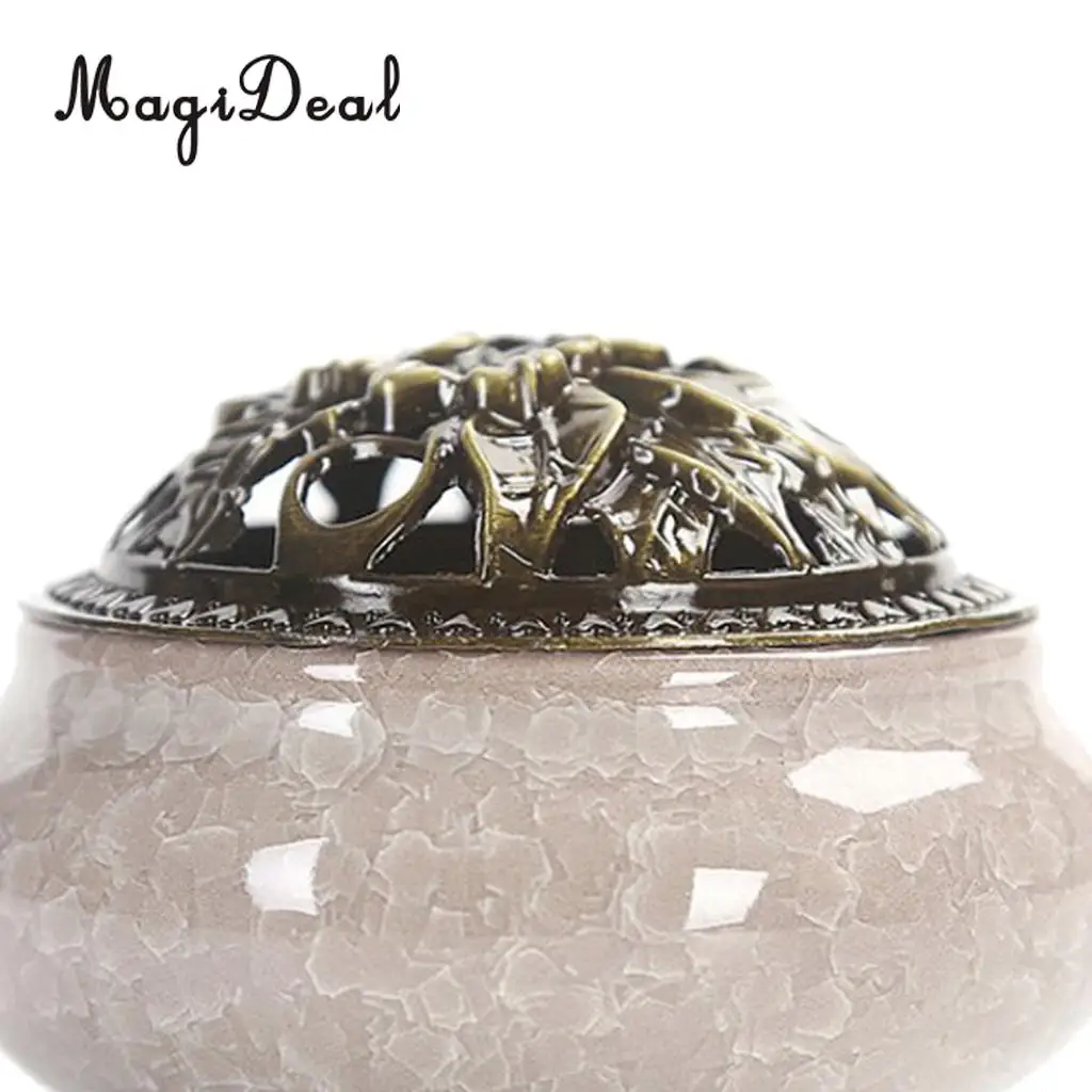 2x Cone Incense Burner with Alloy Cover Chinese Traditional Porcelain Sandalwood Censer Ceramic Incense Ash Catcher Tray Bowl