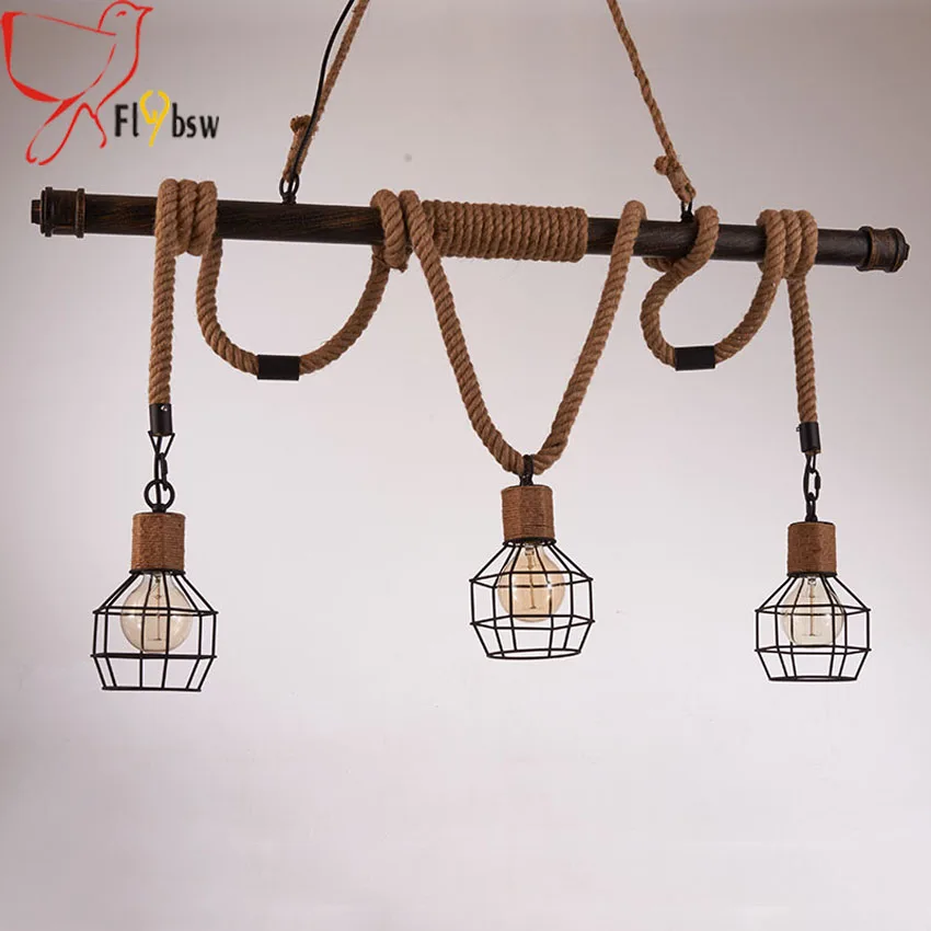 

Rustic Retro Water Pipe pendant Lamp,3 heads Vintage hemp rope iron cage hanging light,for restaurant Cafe Industrial Lighting