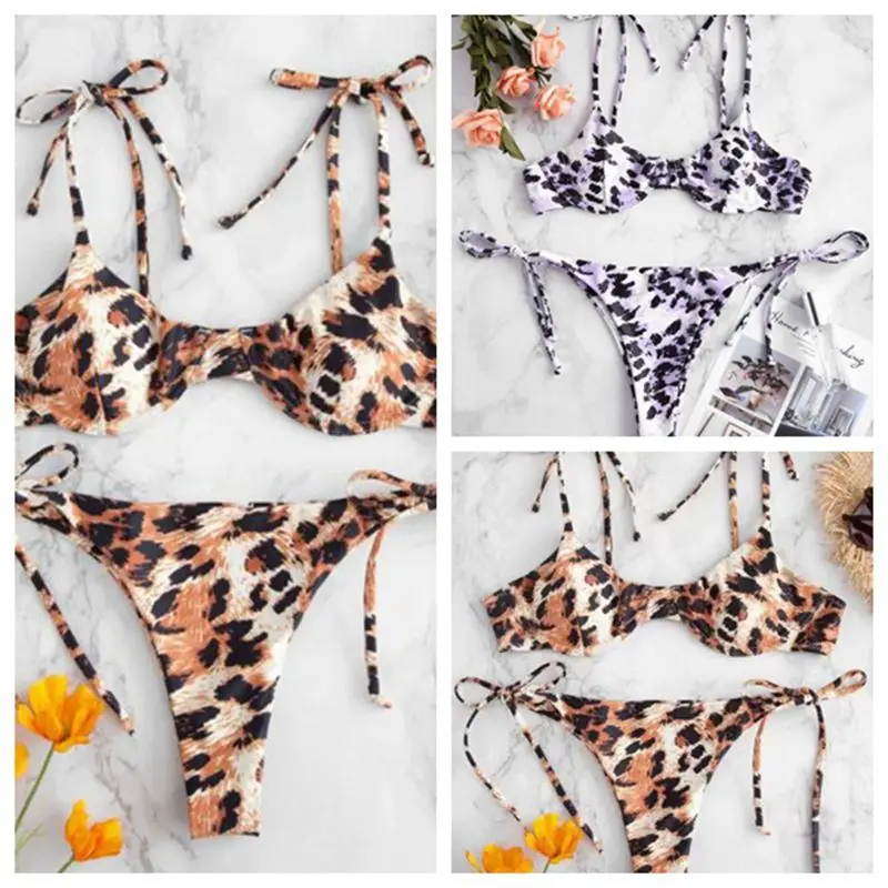 

bikinis 2019 mujer tie swimsuit leopard bikini thong sexy hot brazilian swimwear push up bikini separate women's swimwear