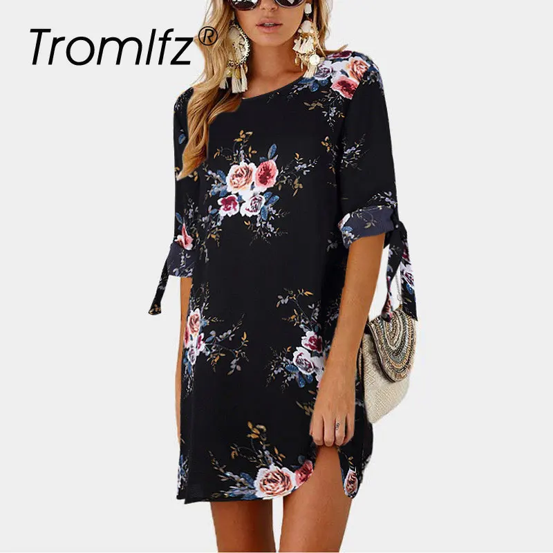 Tromlfz 2019 летнее женское платье с цветочным принтом коротким рукавом Повседневное