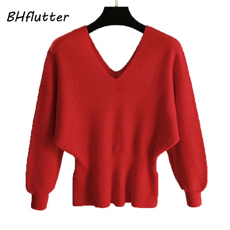 

BHflutter Sexy V neck Sweater Women Lantern Sleeve Autumn Winter Jumper Tops 2018 Casual Knitted Sweaters Pullovers sueter mujer