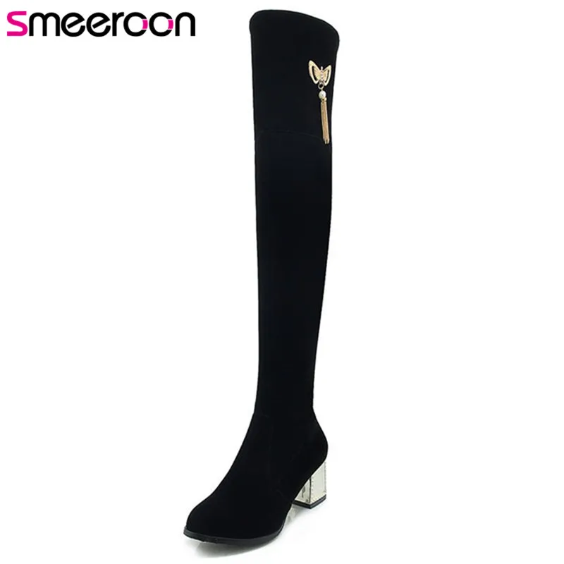 

Smeeroon 2018 popular flock women boots over the knee boots autumn winter boots round toe high heels big size 33-43